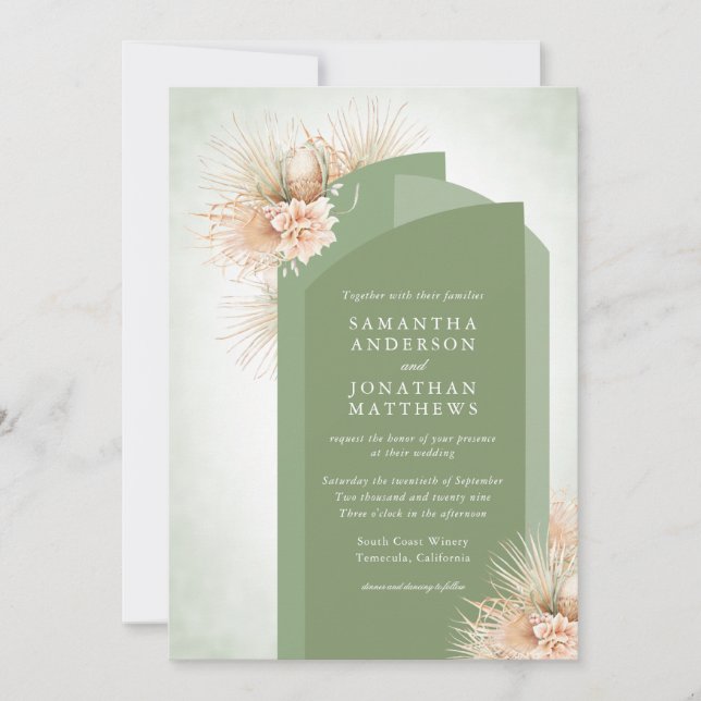 Dried Palms Sage Green and Blush Wedding Invitation (Front)