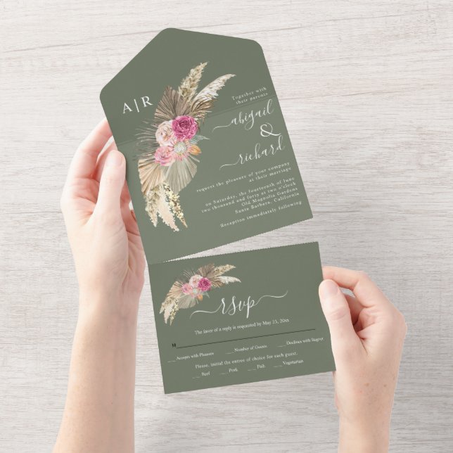 Dried pampas grass palm leaves green wedding all in one invitation (Tearaway)
