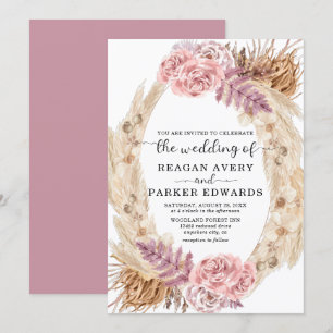 Dried Pampas Grass Rose and Purple Floral Wedding Invitation