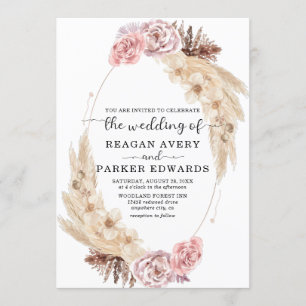 Dried Pampas Grass Rose and Purple Wedding Invitation