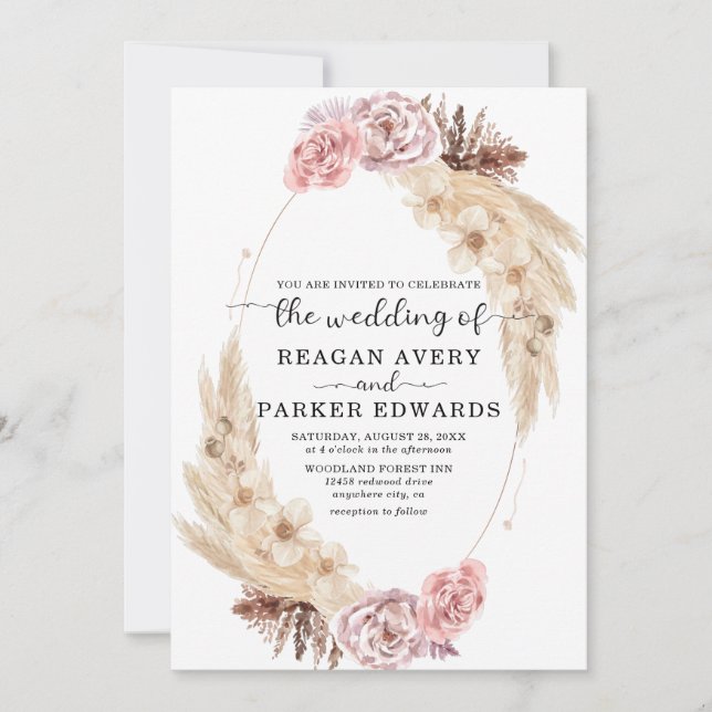Dried Pampas Grass Rose Purple Wedding Invitation (Front)