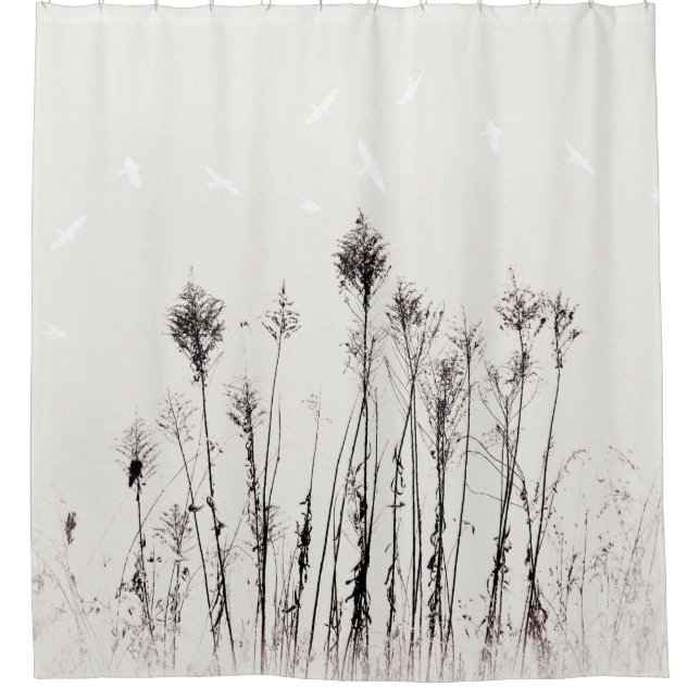 Dried Plants White Birds Minimalist Nature Shower Curtain (Front)