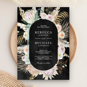 Dried Tropical Palm Pampas Floral Black Wedding Invitation