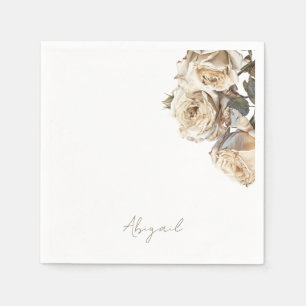 Dried White Roses Personalised Name Shower Napkin
