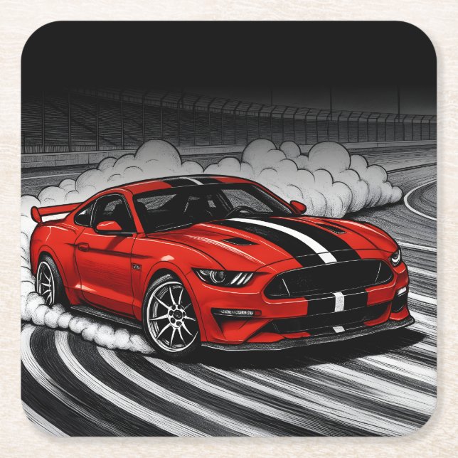 Drift Car Red Muscle Square Paper Coaster (Front)