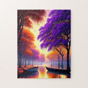 "Drifting Tranquility: Canoes Beneath Jacarandas  Jigsaw Puzzle