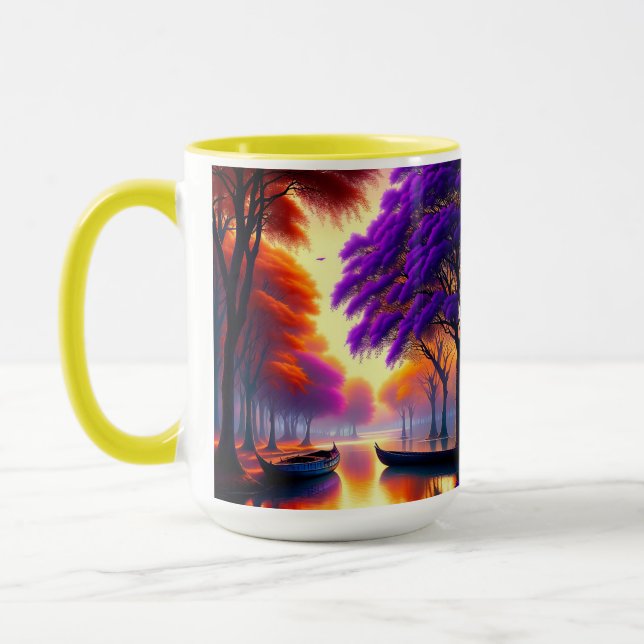 "Drifting Tranquility: Canoes Beneath Jacarandas  Mug (Left)