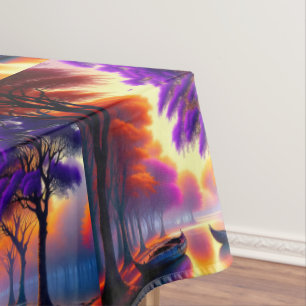 "Drifting Tranquility: Canoes Beneath Jacarandas  Tablecloth