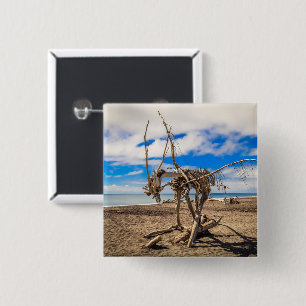 Driftwood artwork on Hokitika Beach, New Zealand 15 Cm Square Badge
