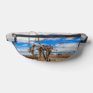 Driftwood artwork on Hokitika Beach, New Zealand Bum Bags
