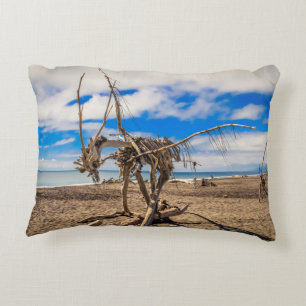 Driftwood artwork on Hokitika Beach, New Zealand Decorative Cushion
