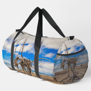 Driftwood artwork on Hokitika Beach, New Zealand Duffle Bag