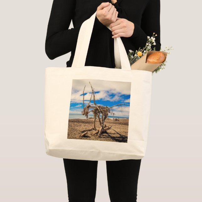 Driftwood artwork on Hokitika Beach, New Zealand Large Tote Bag (Front (Product))