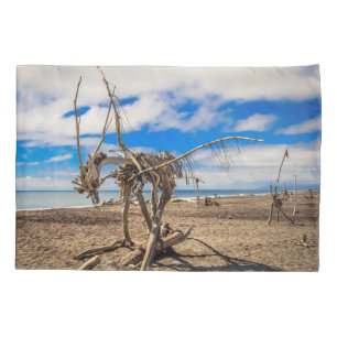 Driftwood artwork on Hokitika Beach, New Zealand Pillowcase