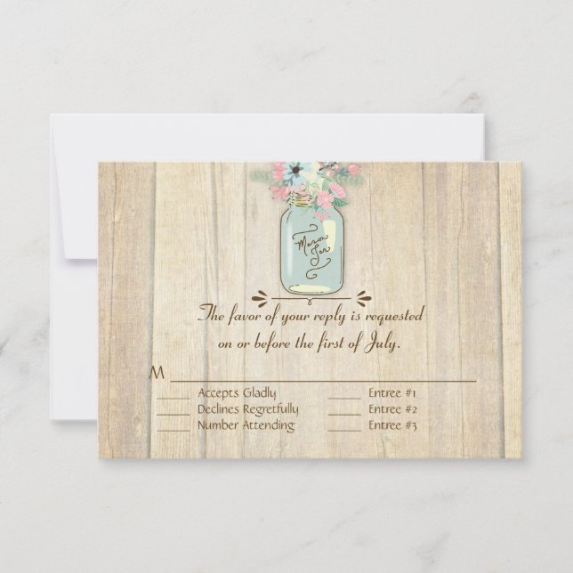 Driftwood Barn Wood Rustic Mason Jar Garden Floral RSVP Card (Front)