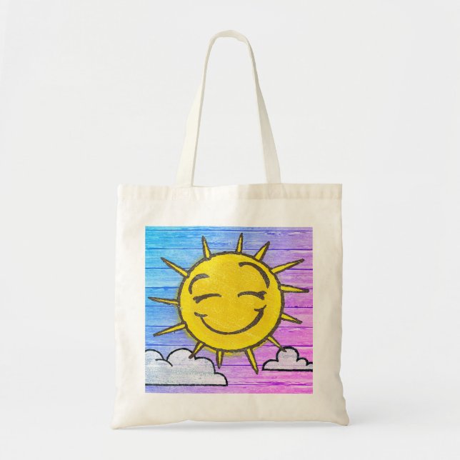 Driftwood Beach design sunshine tote bag. (Front)