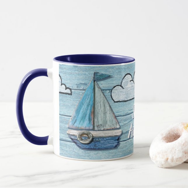 Driftwood Beach design Yacht 2 tone coffee mug. Mug (With Donut)