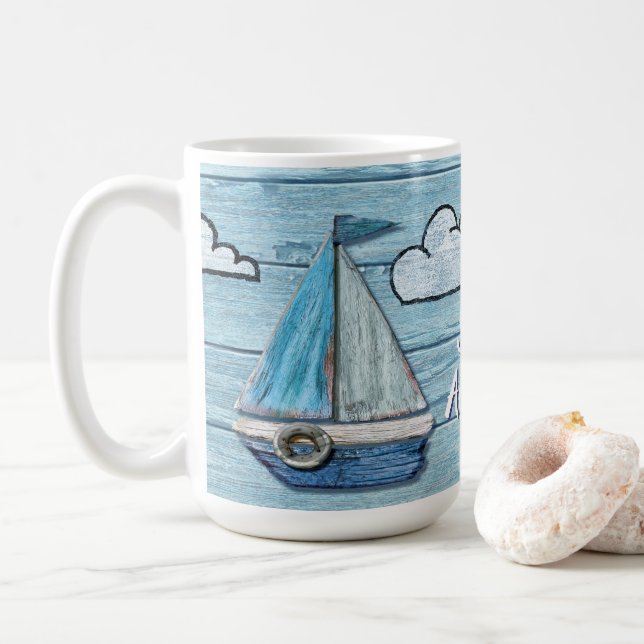 Driftwood Beach design Yacht tall coffee mug. Mug (With Donut)