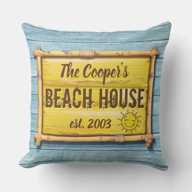 Driftwood Beach House family sign throw cushion. Cushion (Front)