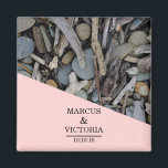 Driftwood beach wedding magnet<br><div class="desc">If you need any help customising this design please feel free to use the ask this designer button,  just below this text.
A design for a beach of river wedding. A pink banner and a photo of beach stones,  pebbles along with drift wood.</div>