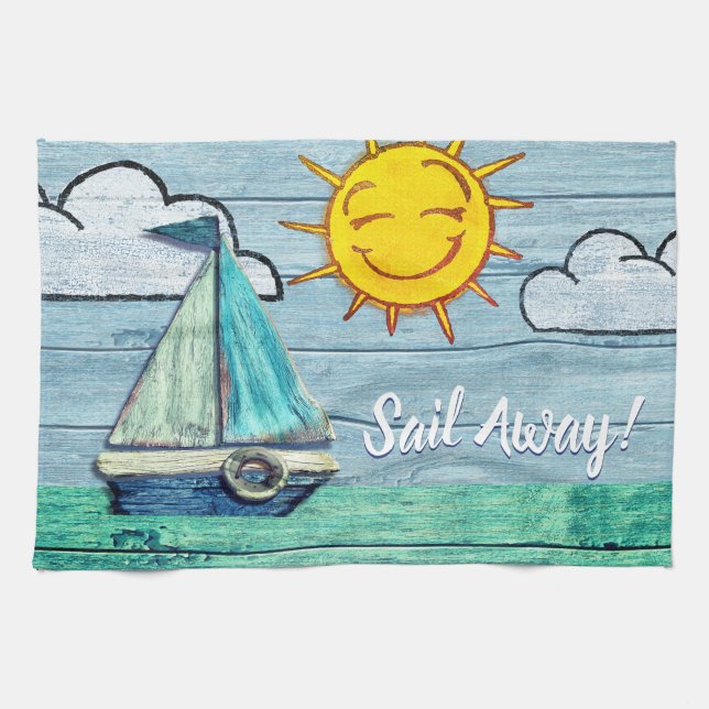 Driftwood Beach Yacht Tea Towel. Tea Towel (Horizontal)