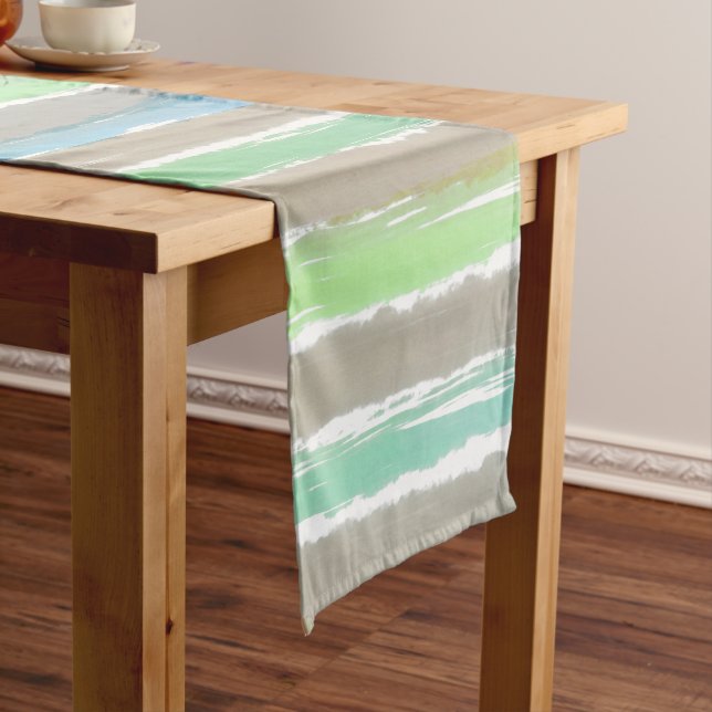 Driftwood Grey Green Blue Watercolor Stripes Long Table Runner (In Situ)