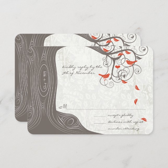 Driftwood Tree Coral Love Birds Wedding Invitation (Front/Back)