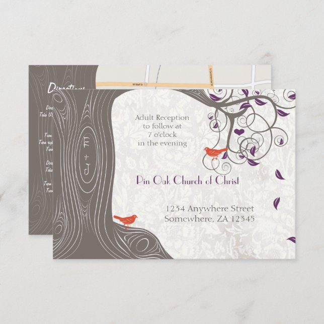 Driftwood Tree Tangerine Birds Purple Leaf Wedding Invitation (Front/Back)