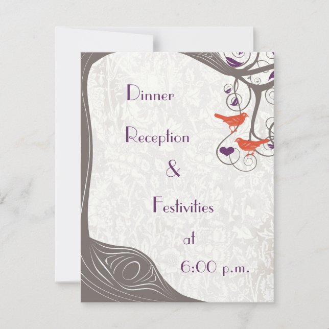 Driftwood Tree Tangerine Birds Purple Leaf Wedding Invitation (Front)