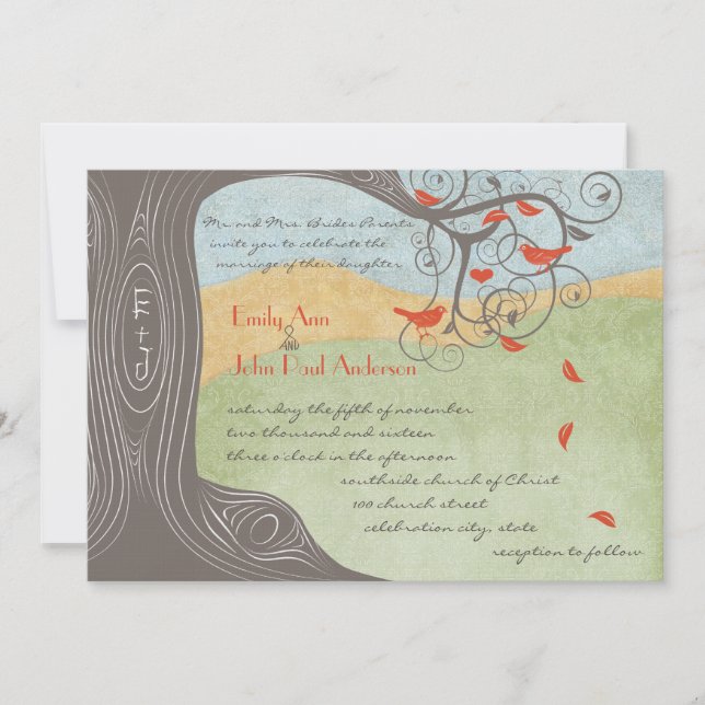 Driftwood Tree Tangerine Birds Wedding Invitations (Front)