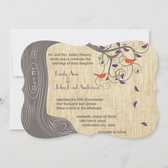 Driftwood Tree Tangerine Birds Wedding Invitations (Front)