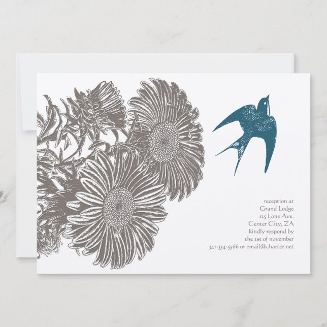 Driftwood Vintage Flower and Teal Bird Wedding Invitation (Front)