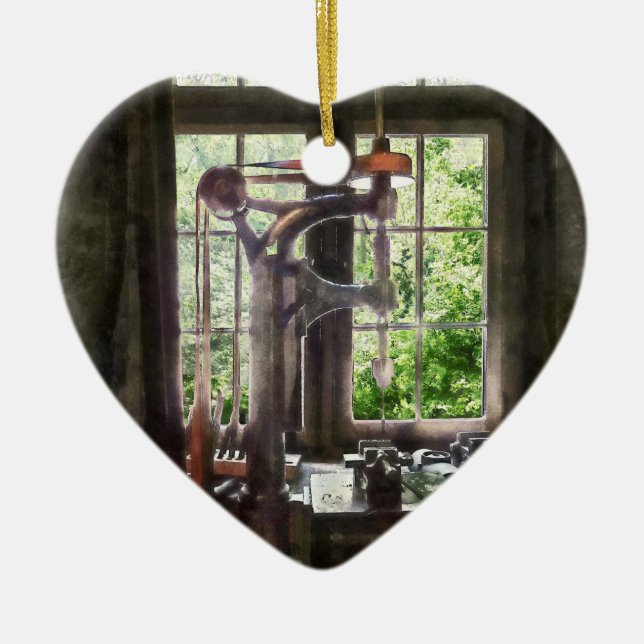 Drill Press by Window Ceramic Ornament (Front)