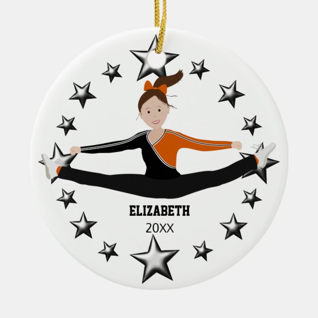 Drill Team Cheer Brunette Black And Orange Ceramic Ornament (Front)