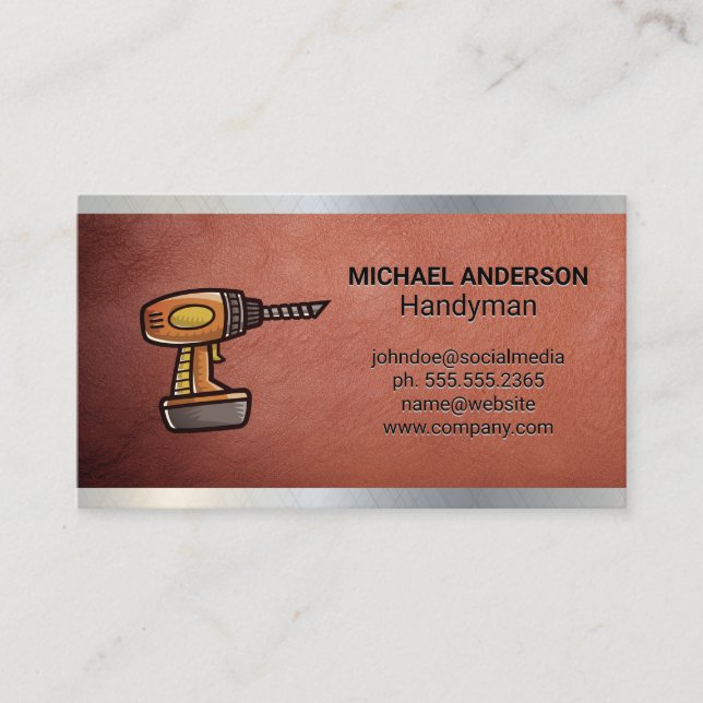 Drill Tool | Construction | Metal Leather Business Card (Front)