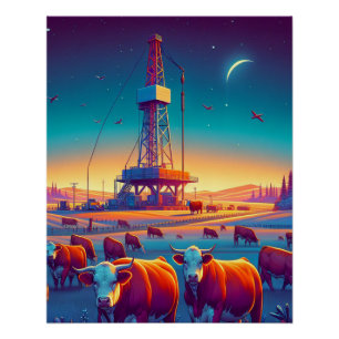 Drilling Rig and Herford Cattle at Night Poster