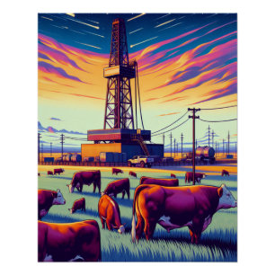 Drilling Rig and Herford Cattle at Sunset Poster