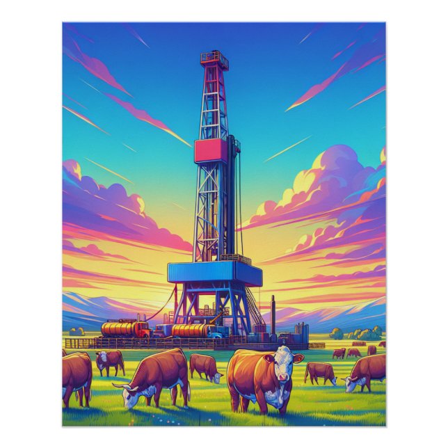 Drilling Rig and Herford Cattle  Poster (Front)
