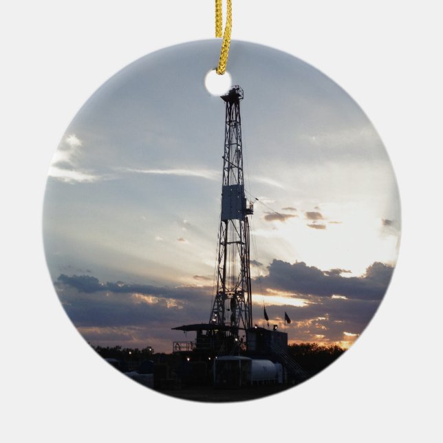 Drilling Rig Sunset Ceramic Tree Decoration (Front)