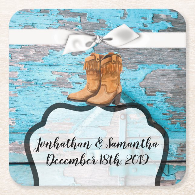 Drink Coasters Blue Wood Barn Door Boots Country (Front)