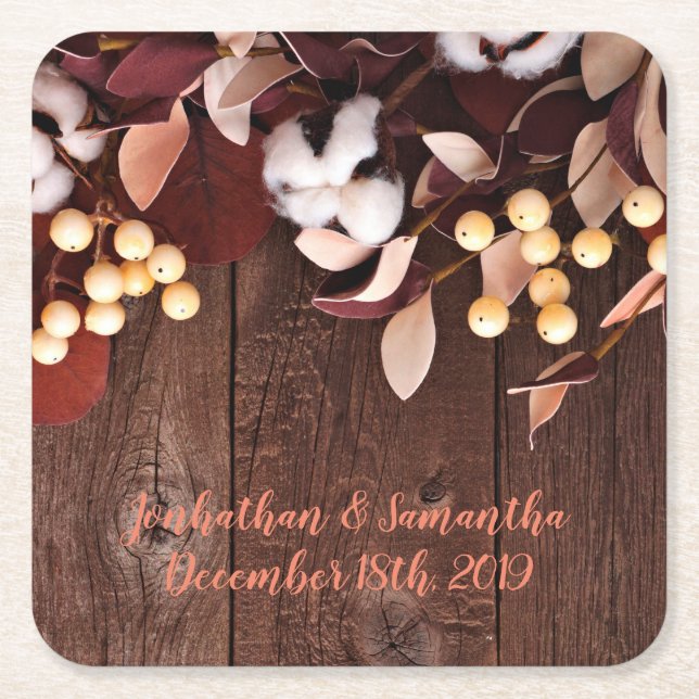 Drink Coasters Cotton Branch on Dark Wood Stem Cou (Front)