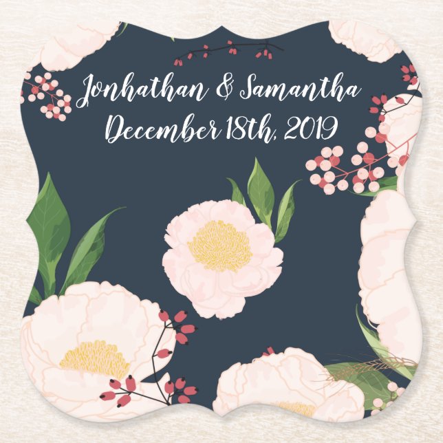 Drink Coasters Geometric White Floral Flowers on D (Front)