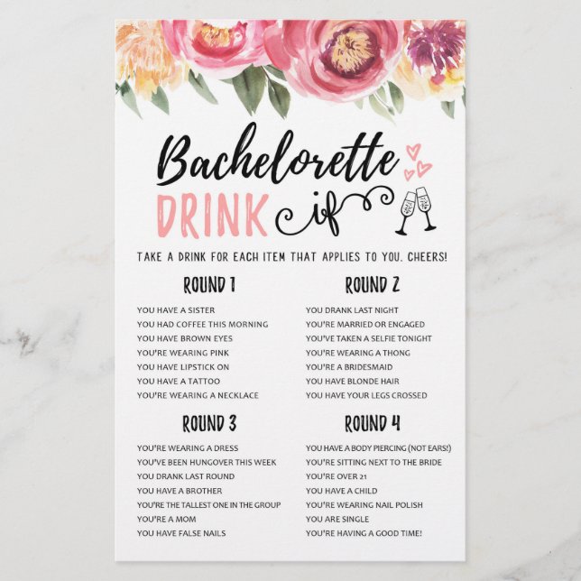 DRINK IF Bachelorette or Hen Party game (Front)