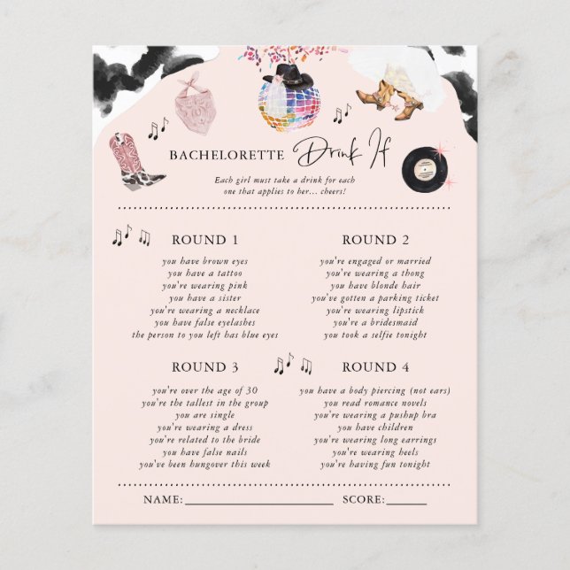 Drink If | Disco Cowgirl Bachelorette Party Game (Front)