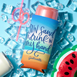 Drink in my Hand Typography with Beach Background Seltzer Can Cooler