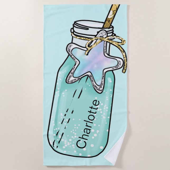 Drink jar bottle name fun teal green pool beach towel (Front)