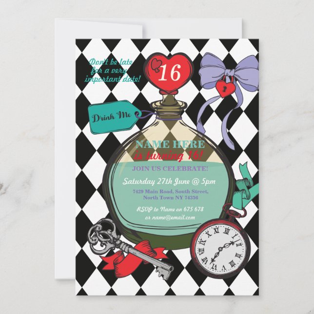 Drink Me Alice In Wonderland Birthday Party Invite (Front)