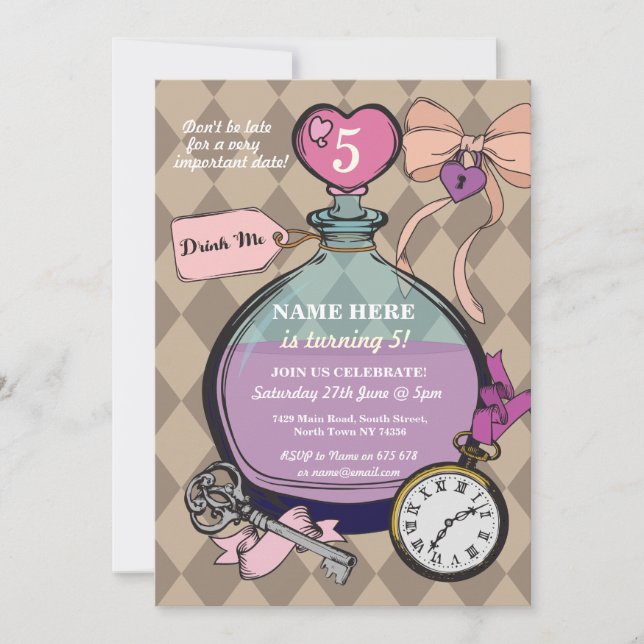 Drink Me Invitation Alice In Wonderland Birthday (Front)