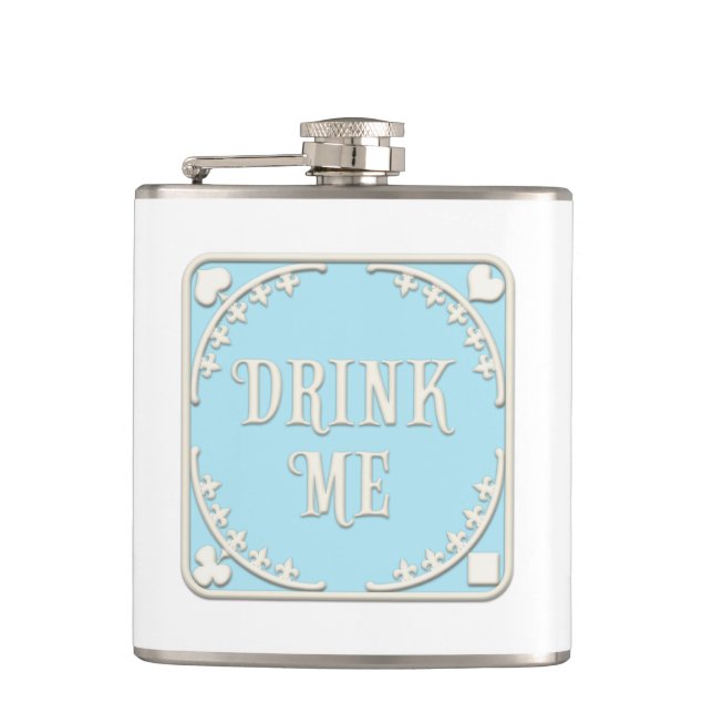 "Drink Me" Wonderland Tea Party Blue Emblem Hip Flask (Front)