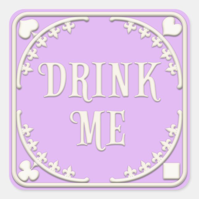 "Drink Me" Wonderland Tea Party Inviting Purple Square Sticker (Front)